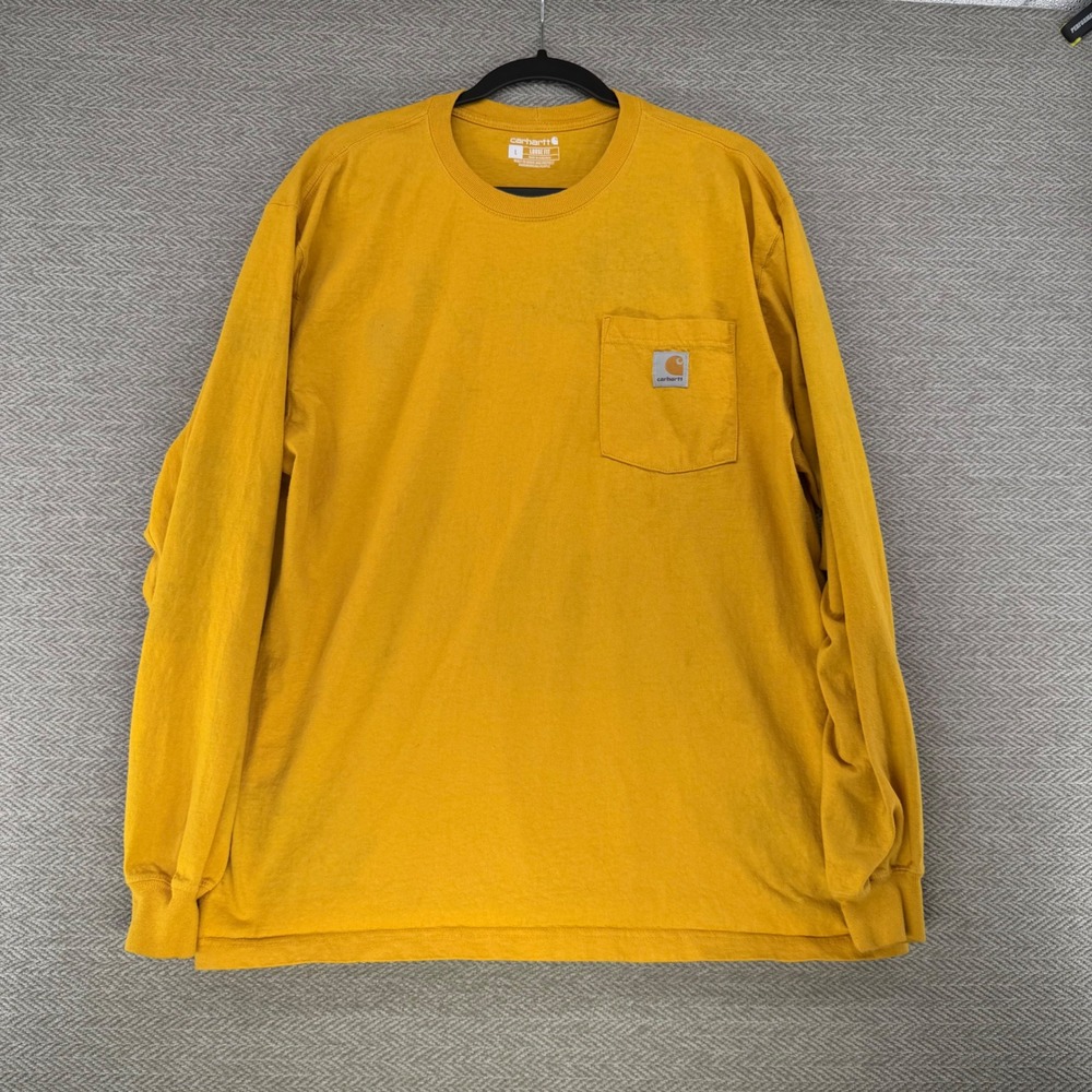 Carhartt Pocket T-Shirt Large Yellow Cotton Loose Fit Long Sleeve Workwear Tee